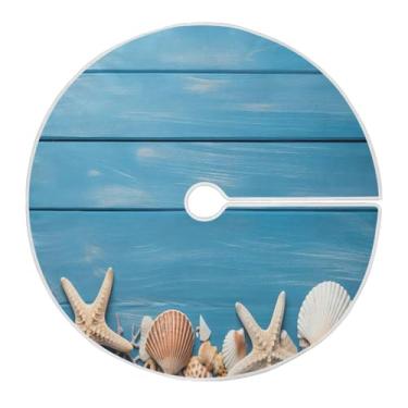 Imagem de Wassud Saia para árvore de Natal com laços seguros, 129 cm, de madeira azul com estrela do mar, tapete de árvore de Natal festivo para decoração de casa e festa de ano novo