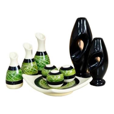 Imagem de Vaso Decorativo De CerâMica – Vaso Artesanal, Adequado Para Colocar No Centro Da Mesa De Jantar, Aparador, Alcova Ou Prateleira.(VERDE PRETO DS 9PÇS)