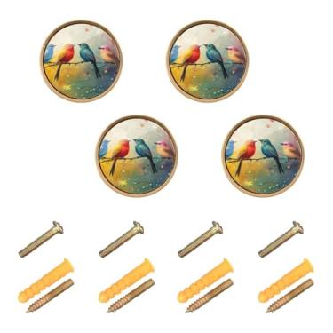 Imagem de Burbuja Maçanetas de armário de cozinha aquarela pássaros, pacote com 4, puxadores redondos de 3,5 cm, puxadores de cômoda com parafusos para armários de cozinha, quarto, armário