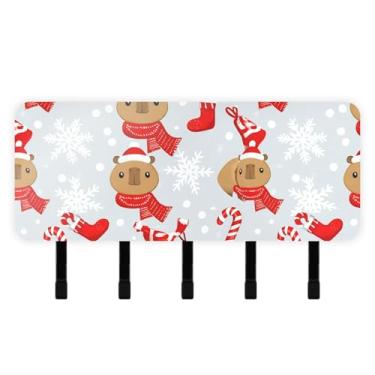 Imagem de Burbuja Capivaras usando chapéus de Natal porta-chaves com 5 ganchos, porta-chaves autoadesivos montados na parede, organizador de armazenamento de correio para entrada, decoração de casa