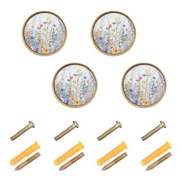 Imagem de Burbuja Maçanetas de armário de cozinha Wildflowers, pacote com 4, puxadores redondos de 3,5 cm, puxadores de cômoda com parafusos para armários de cozinha, quarto, armário