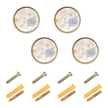 Imagem de Burbuja Maçanetas de armário de cozinha de margaridas de rosas pastel, pacote com 4, puxadores redondos de 3,5 cm, puxadores de cômoda com parafusos para cozinha, quarto, armários, armário