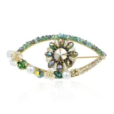 Imagem de YYBONNIE Broche de olho turco com corrente de cascata de strass, broche de lapela boêmio para festa de casamento, corpete de olho vintage feito à mão, Large, Latão Resina, Zircônia cúbica