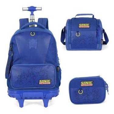 Imagem de Kit Mochila Rodinhas Lancheira Estojo Original Sonic - Luxcel, Azul