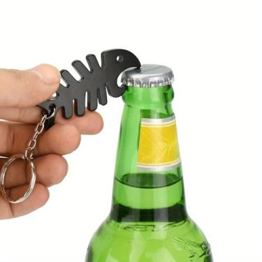 Imagem de 1 chaveiro abridor de garrafa de espinha de peixe de liga de alumínio divertido - pingente criativo de chave de carro com design "bone" (preto)