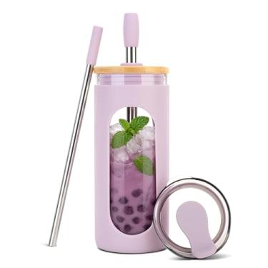 Imagem de Sursip Copo de vidro com 2 tampas e canudo, copo de vidro à prova de derramamento de 590 ml com tampa de bambu e manga de silicone para copo de água de café gelado - roxo