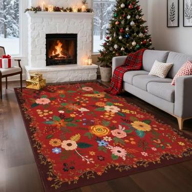 Imagem de GarveeHome Tapete floral Boho 12 x 18 cm, antiderrapante, com pelo baixo, lavável à máquina, tapetes grandes para sala de estar, quarto, casa de fazenda, sala de jantar, sala de jogos infantil