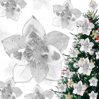 Imagem de Norme 15 peças, 3 tamanhos de veludo, flores de poinsétia de Natal, magnólia, glitter, flores artificiais, ornamentos de poinsétia para árvore de Natal, guirlanda de casamento, decoração de férias