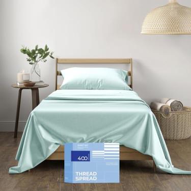 Imagem de Jogo de lençol THREAD SPREAD solteiro de algodão - Jogo de lençol solteiro 100% algodão 400 fios, 3 peças de lençol solteiro, lençóis de cetim refrescantes e luxuosos, bolsos profundos de 40,6 cm de