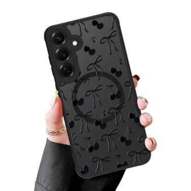 Imagem de MZELQ Capa magnética para Samsung Galaxy S25, Clear Bow Cherry [compatível com carregamento Magsafe] Capa de proteção para câmera à prova de choque rígida fosca translúcida para mulheres e homens