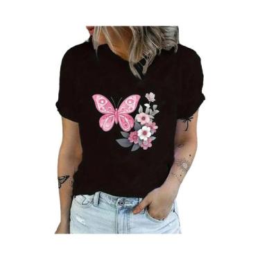 Imagem de Camiseta Gráfica Casual Feminina Com Estampa De Borboleta Rosa Estilo 