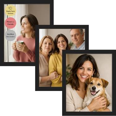 Imagem de Porta Retrato 15x21 Preto | Kit 3 unidades | Móvel ou Parede | Moldura Decorativa Minimalista | Dupla Face Inclusa | Moderno e Elegante