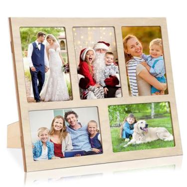 Imagem de ZEEYUAN Porta-retratos de 10 x 15 cm, colagem de madeira, 5 aberturas, 10 x 15 cm, várias fotos, colagem, moldura de família, para mesa de trabalho, porta-retrato de dia das mães, presente para mãe e