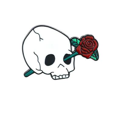 Imagem de Broche Pin, caveira de lapela de liga gótica com design de rosa - Yiwe