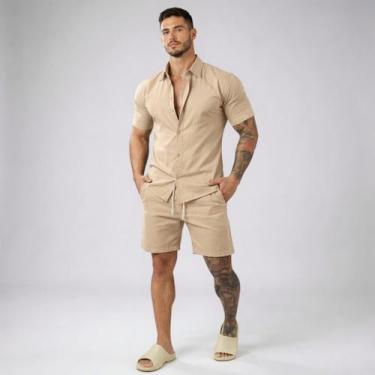 Imagem de Conjunto Social de Linho Camisa de Manga Curta Casual - Volgue, Bege, 