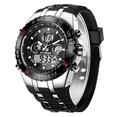 Imagem de Relógio de pulso masculino à prova d 'água, cronômetro, data e data, alarme, analógico digital luminoso de aço inoxidável com pulseira de borracha da Gold Hour, Silver Black