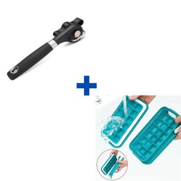 Imagem de Abridor De Latas Manivela Sem Rebarbas Aço Inox Resistente + Bandeja Forminha Forma De Cubos De Gelo 36 Células Plástico