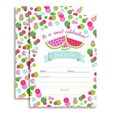 Imagem de Convites de festa de aniversário de bolinhas de melancia, 20 cartões de preenchimento de 12,7 x 17,7 cm com vinte envelopes brancos da AmandaCreation