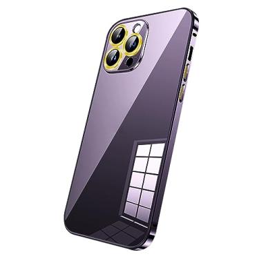 Imagem de HAZARA Capa para iPhone 14 Pro Max/14 Plus/14 Pro/14, capa de proteção de lente de metal, capa de carregamento magnética traseira de vidro transparente, roxo, 14 Plus 6,7 polegadas