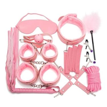 Imagem de Kits de Couro Sexy Para Casais 10 Peças, Conjunto Sexual, Algemas, Jogos Sexuais, Chicote, Mordaça, Mamilos, Acessórios Exóticos (Rosa)