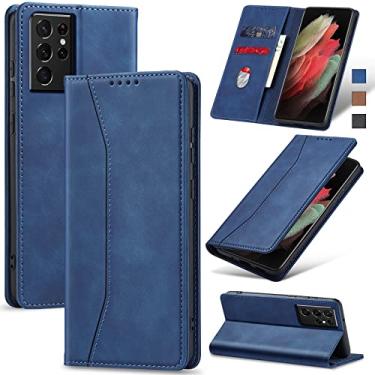 Imagem de Jasonyu Flip Carteira Capa para Samsung S21 Ultra 5G,Capinha Folio Magnética de Couro com Suporte para Cartão,Suporte para Chute - Protetora Durável de TPU à Prova de Choque para Telefone,Azul