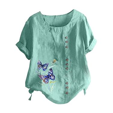 Imagem de Camiseta feminina de linho, borboleta, estampada, gola redonda, botão, manga curta, caimento solto, túnica, camisa de verão, Bu1, P
