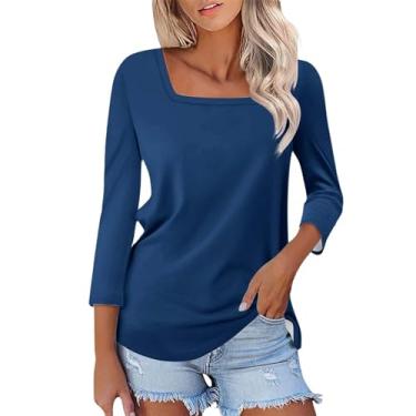 Imagem de Camisetas femininas de gola quadrada manga 3/4 estampadas casuais básicas verão 2024 camisetas blusas soltas pulôver 2024, #04-Azul marinho, M