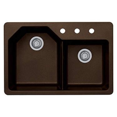 Imagem de Transolid GTDO3322-12-ABC Genova SilQ Granito 3 furos Dual Mount Double Offset Pia de cozinha, 83,8 cm C x 55,8 cm L x 25,5 cm A, Espresso
