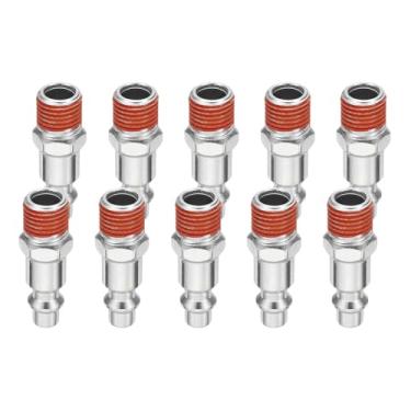 Imagem de HARFINGTON 10 plugues de ar industriais 1/10.2 cm NPT macho estilo M plugues pneumáticos de alto fluxo conexões de ar acessórios de compressor de ar, prata e vermelho