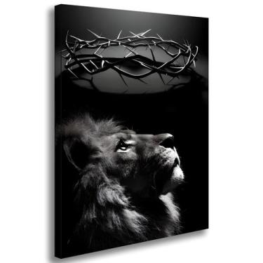 Imagem de Quadro Decorativo Leão Judá Coroa De Cristo Religioso Tela Grande Sala