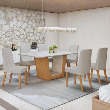 Imagem de Conjunto Apogeu 170cm Tampo MDF com Vidro e 6 Cadeiras Luar Amêndoa Clean/Off White/Boucle Bege