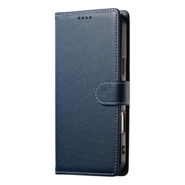 Imagem de LYJSMGZ Capa flip para iPhone 16E, textura lichia couro granulado fecho magnético capa de telefone fólio TPU macio proteção contra quedas, azul, 16E