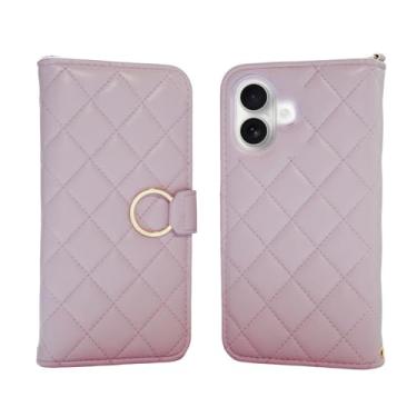 Imagem de Lejanuxy Capa carteira de couro acolchoada para iPhone 16 com suporte de anel, compartimentos para cartões, capa flip, roxa