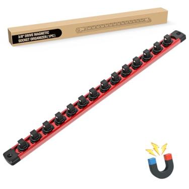 Imagem de GOOACC Organizador de soquete magnético com 14 clipes giratórios de 360°, organizador de trilho de soquete de alumínio resistente para gaveta de caixa de ferramentas, vermelho, 1 peça de suporte