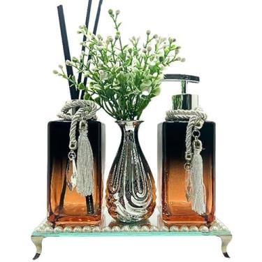 Imagem de Kit Lavabo Luxo Square Preto e Rose – Aromatizador de Ambiente, Saboneteira e Varetas Decorativas – Banheiro e Lavabo Elegante (PRATA)