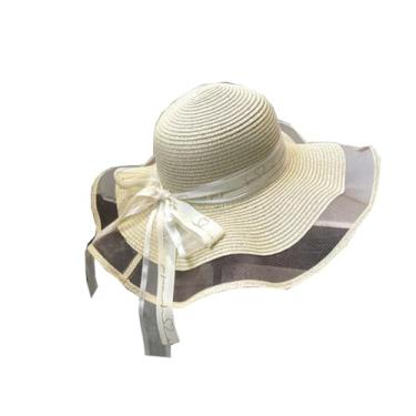 Imagem de Chapéus femininos de verão com aba de palha chapéu de sol com proteção de laço bonés de praia sombreados cor 6 56-58 cm