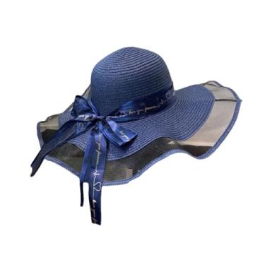 Imagem de Chapéus femininos de verão com aba de palha chapéu de sol com proteção de laço bonés de praia sombreados cor 56-58 cm