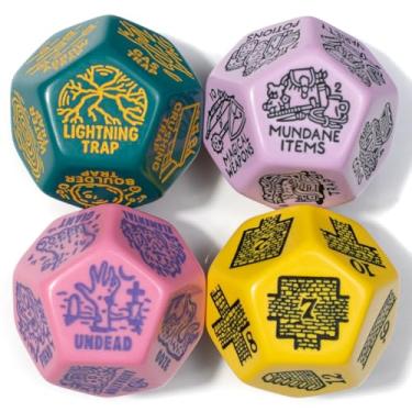 Imagem de Dungeon Map, Monster, Treasure & Trap Generator Dice Set | 4 Jumbo D12s for D&D, Pathfinder & TTRPGs | Hand-Illustrated by Viridian | Random Encounter & Loot Inspiration for Game Masters (Party Mode)