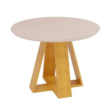 Imagem de Mesa De Jantar Redonda 4 Lugares Tampo Chanfrado 103,5cm Com Vidro Kiara Cedro/off White - Dj Móveis