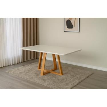 Imagem de Mesa de Jantar 120x90 Tampo Mdf/vidro para 4 Lugares Pés Madeira Maciça Pérola - Mel/off White