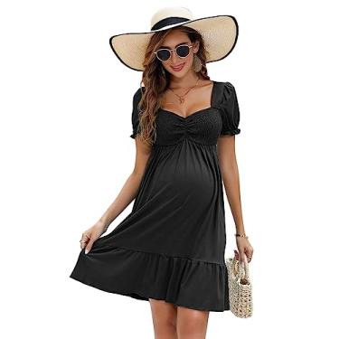 Imagem de FUNJULY Vestido de maternidade feminino evasê decote coração plissado rodado mini vestido de maternidade boho para convidada de casamento preto 2GG
