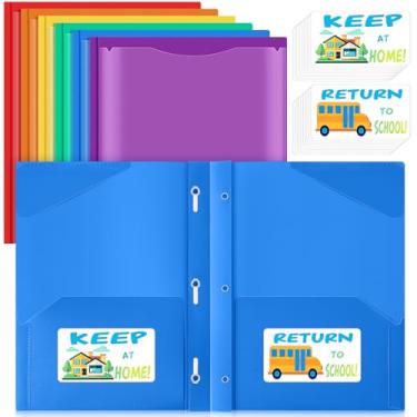 Imagem de Henoyso Conjunto de 24 pastas de adesivos para levar para casa com bolsos frontais, pasta de plástico resistente com 2 bolsos e 3 pinos, 6 pastas de cores vibrantes para escola, 30 x 24 cm (colorido)