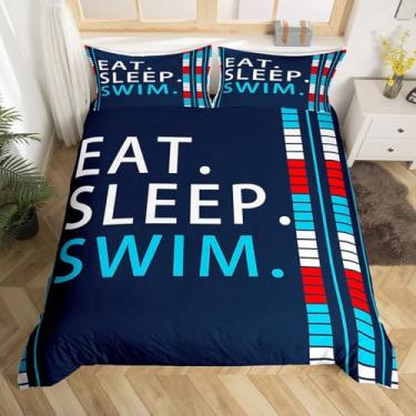 Imagem de Conjunto de capa de edredom de natação tamanho Queen, Havaí, jogos de esportes de verão, comer, dormir, nadar, decoração de quarto de meninos e meninas, capa de edredom com listras geométricas, capa