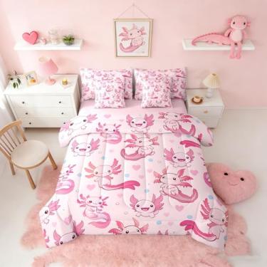 Imagem de Erosebridal Jogo de cama de axolote rosa em uma bolsa, 7 peças, fofo, adorável Axolotl, desenho animado, salamandra, para crianças, meninos, meninas, conjunto de lençol solteiro com estampa de coração