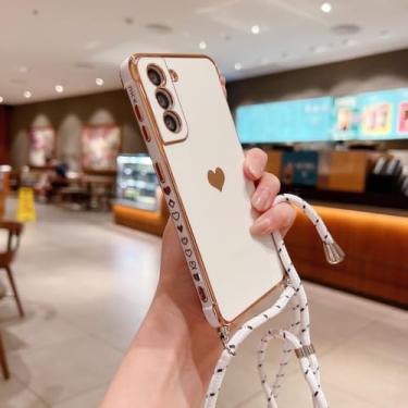Imagem de Capa de telefone com alça crossbody para Samsung Galaxy S22 S23 S24 Ultra S21 S20 FE A53 A52 A13 A54 5G Chapeamento de coração com cordão, branco, para S21 FE