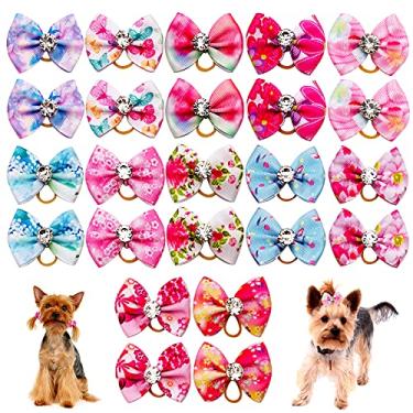 Imagem de JpGdn 24 peças/12 pares de laços de cabelo para cães pequenos com faixa de borracha, laços de cabelo para filhotes com strass para meninas, gatinha, coelho, poodle com nó elástico para cabelo, acessórios de higiene