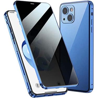 Imagem de KOSSMA Capa de telefone vítreo magnética de dupla face de privacidade anti espiar, para Apple iPhone 14 Plus (2022) capa de vidro temperado dupla face de 6,7 polegadas (cor: azul)