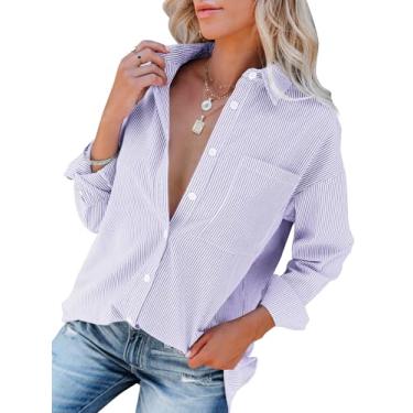 Imagem de Aoudery Camisas femininas com botões listradas, de algodão, manga comprida, gola de botão, blusas de trabalho de escritório, Roxo e branco, P