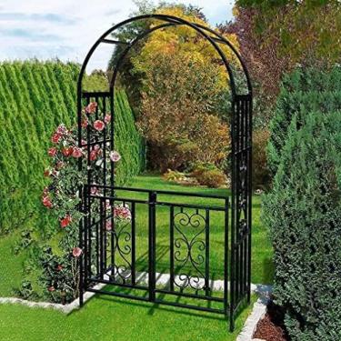 Imagem de Arbor de arco de jardim com portão pérgola ao ar livre para trepadeiras e plantas, quintal de gramado de jardim ao ar livre para clematis, decoração de festa de casamento,