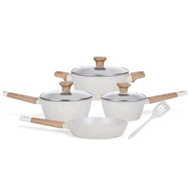 Imagem de Conj Panela Revestimento Em Cerâmica + Espátula 5 Pcs Antiaderente Bege Marmorizada Com Tampa Cabo Soft-Touch Moderna Resistente Fogão Indução Saída A Vapor Maior Espessura